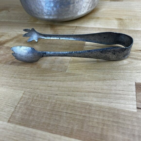 Vintage Mid Century Ice Bucket MCM TULIP Hammered Aluminum Lid Tongs Set - Picture 10 of 11
